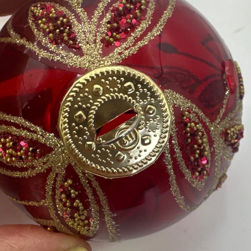 2 Red Glass Christmas Ornaments Gold Glitter Leaf Sequin Rhinestone 3 inch Round